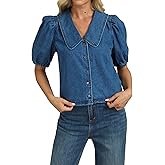 Womens Denim Shirts Button Down Collar Puff Short Sleeve Casual Lightweight Summer Jean Shirt Tops