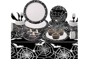 Miucat Halloween Paper Plates and Napkins Set, 97Pcs Spider Webs Disposable Tableware and tablecloth for Spiderweb Halloween Party Decorations Supplies, Serve 24