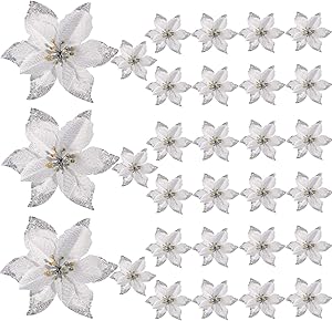 WILLBOND 30 Pieces Glitter Christmas Tree Ornaments Artificial Wedding Christmas Poinsettia Flowers for Christmas Flowers Tree Wreaths Decor Ornament (Silver)