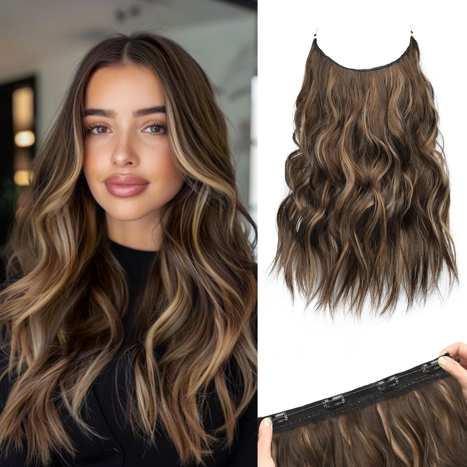 Photo 1 of REECHO Invisible Wire Hair Extensions with Thinner Softer Lace Weft (Chocolate Brown with Highlights, 16 Inch (Pack of 1))