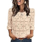 Sampeel Women Blouses Dressy Casual 3/4 Length Sleeve Tops Eyelet Lace Spring Summer Shirts Beach Vacation Clothes