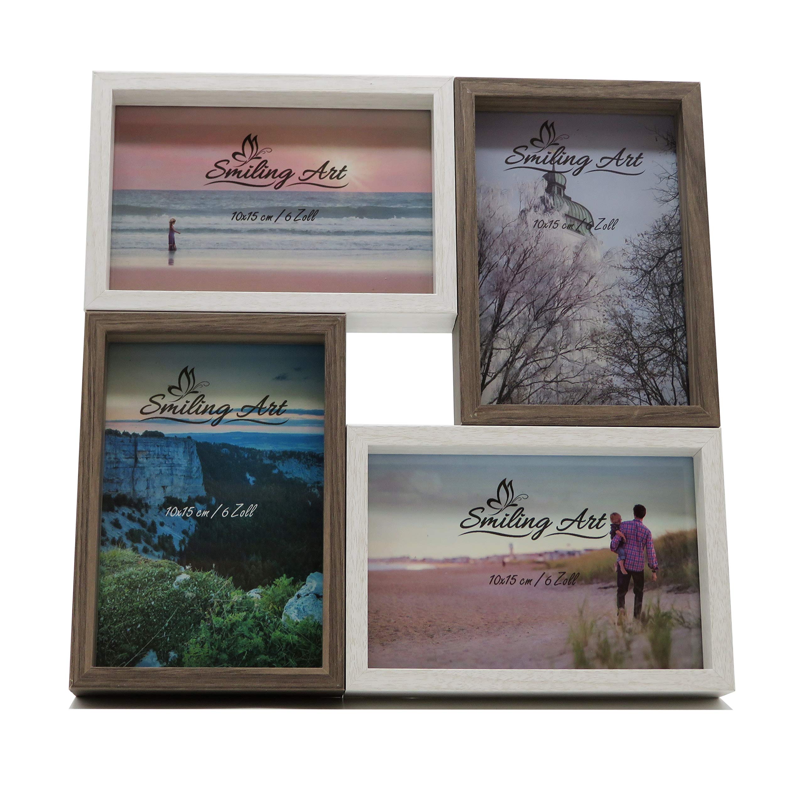 Smiling Art | Picture frame collage for 4 photos | Photo frame made of MDF wood with glass | For standing or hanging | Decoration, gift idea for birthdays or weddings (White & Dark brown, 4x10x15 cm)