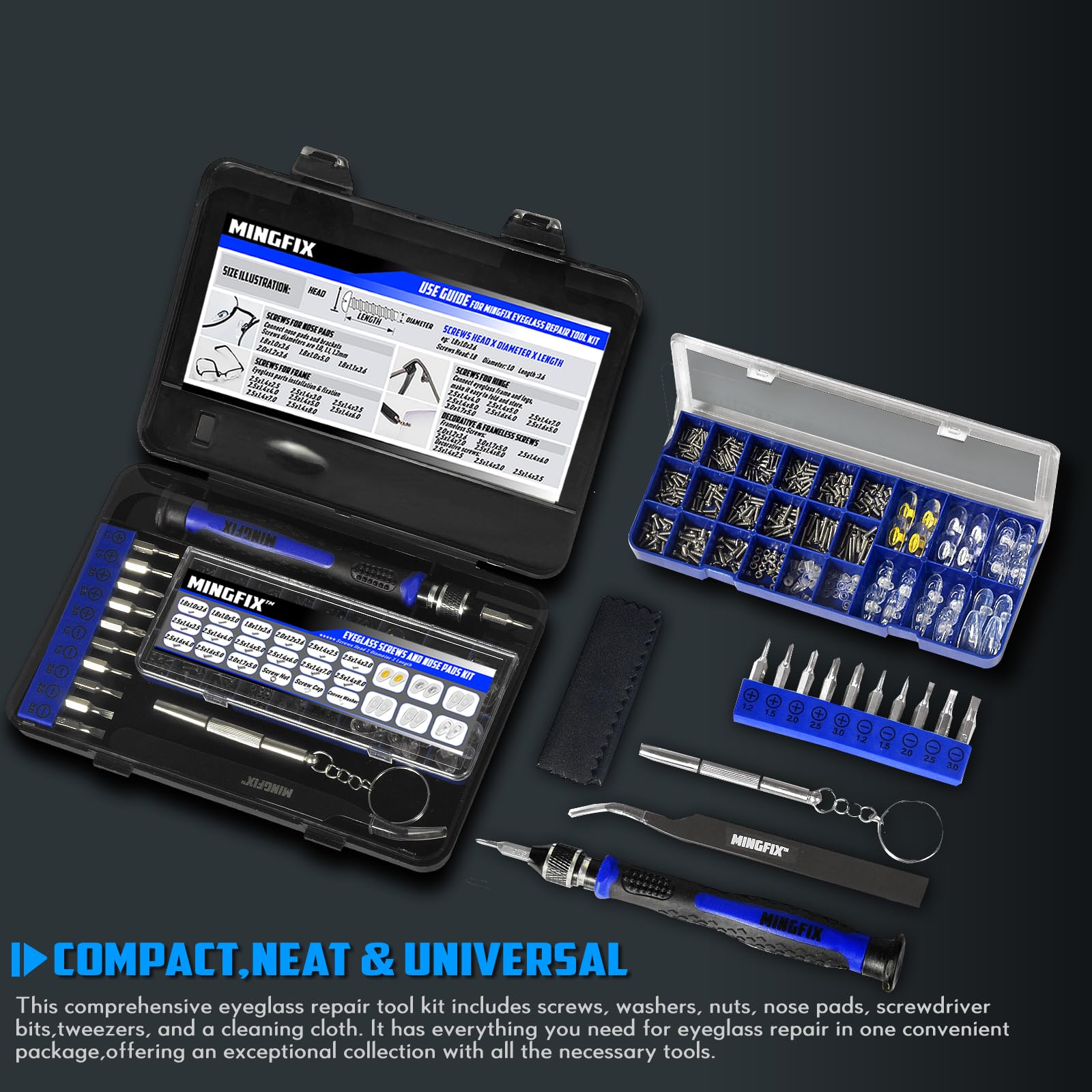 Eyeglass Sunglass Repair Kit,MINGFIX Magnetic Eye Glasses Repairing Tool Kit with Assorted Screws,Nose Pads,Small Screwdriver Bit Set & Tweezer with Mini Travel Case for Glasses,Sunglasses and Others