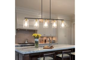 Mecgirn Island Light for Kitchen, Black and Gold Dining Room Light Fixture Over Table, 5-Light Linear Chandelier Pendant Lighting for Dining Table Kitchen Island Living Room