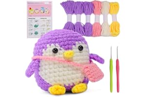 IMZAY Crochet Kit for Beginners, Beginner Animal Kit, Cute Starter with Video Tutorial, Hooks, Colored Yarns, Stitch Marker Complete Set to Make Purple Penguin