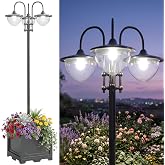 Outsunny 74.5" 3-Head Solar Lamp Post Light Outdoor with Planter, Black | Solar Pole Lights, Waterproof LED Lighting, Backyard Pathway Patio Lawn Driveway Decor