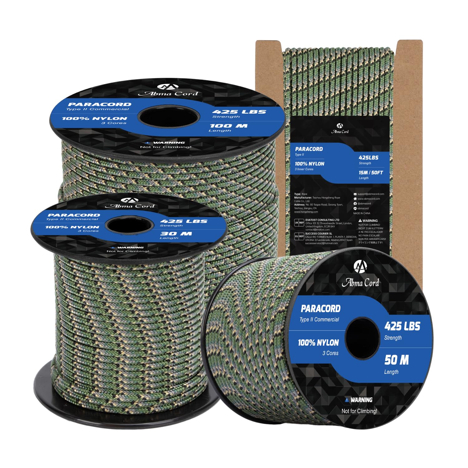 Abma Cord Paracord 3mm 50m 100% Nylon Rope Type II 3 Strands Parachute Cord - Max. 192kg (425lbs) - Jager Camo