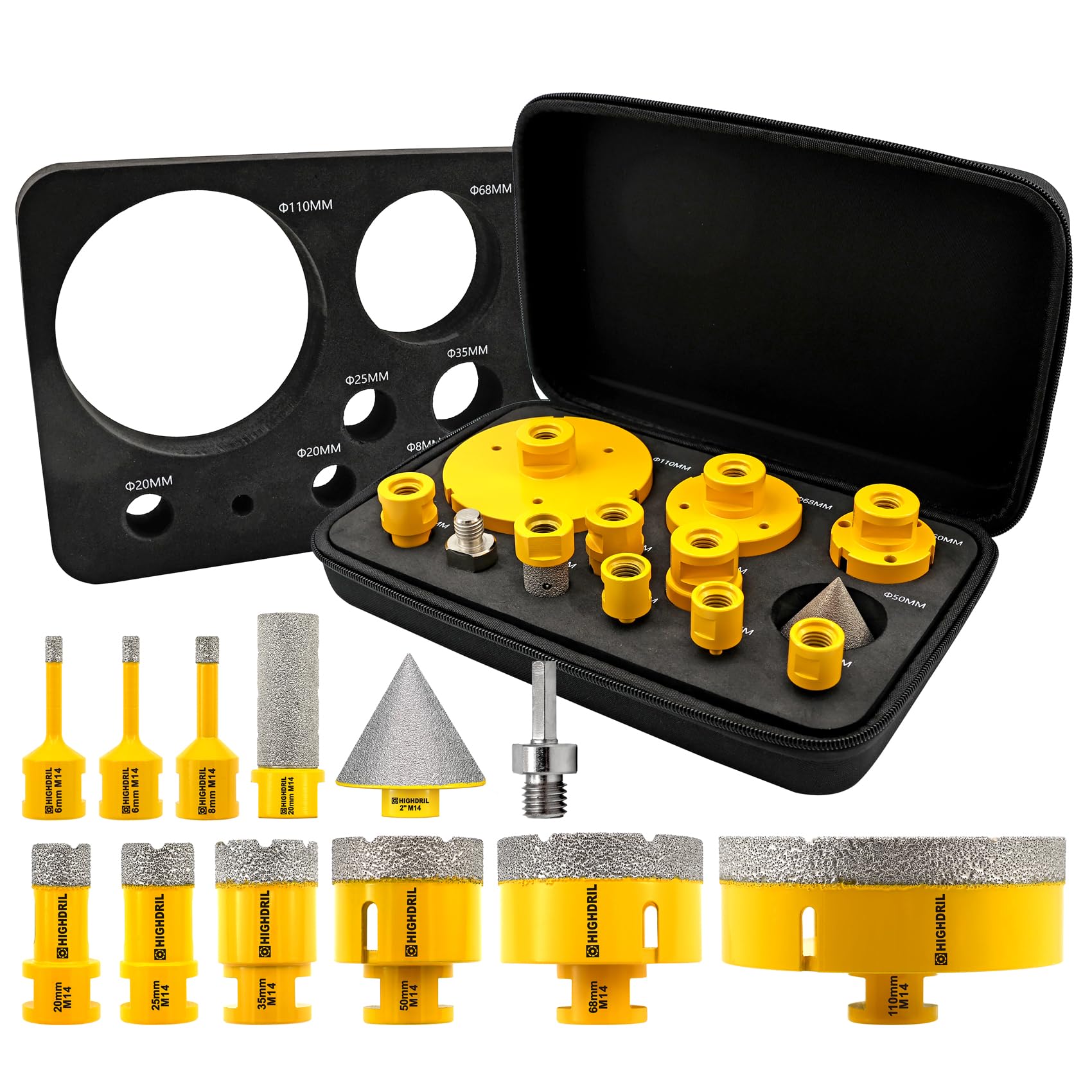 HIGHDRIL Diamond Hole Saw Kit - 6/6/8/20/25/35/50/68/110mm Drill Bits,20mm Finger Bit,50mm Chamfer Bit,HEX Adapter,12Pcs Diamond Core Drill Bit Set for Porcelain Ceramic Tile Granite Marble