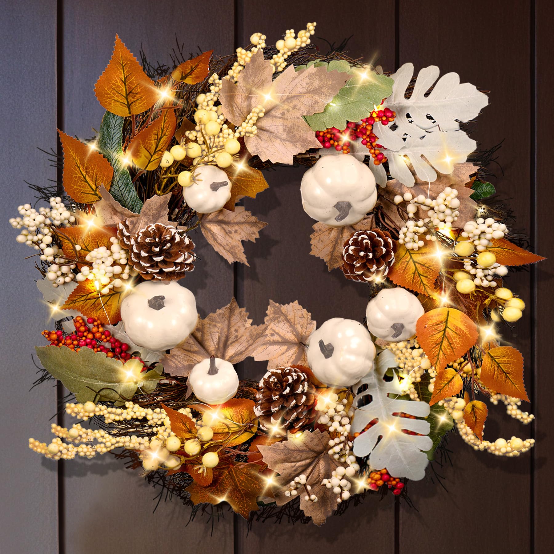 Photo 1 of 20 Inch Fall Wreath for Front Door with Light Porch Window Autumn Wreaths with Pumpkin Berries All Season Indoor Outdoor Window Decor for Harvest Thanksgiving Holiday Celebrations