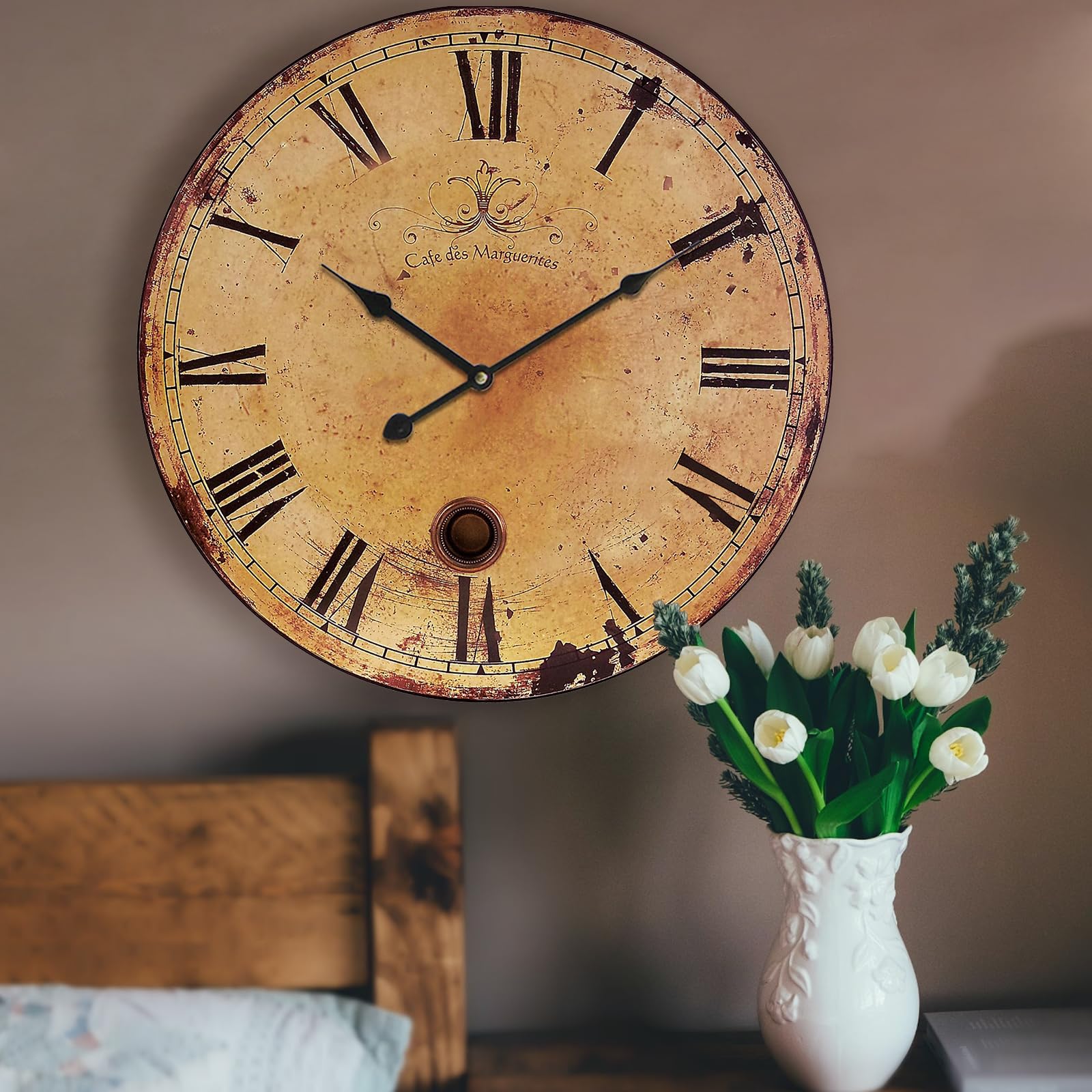 Photo 1 of Eruner Rustic Large Wall Clock Silent Battery Operated for Farmhouse Livingroom,24 Inch Vintage Wall Clock Non-Ticking for Kitchen Bedroom Home School