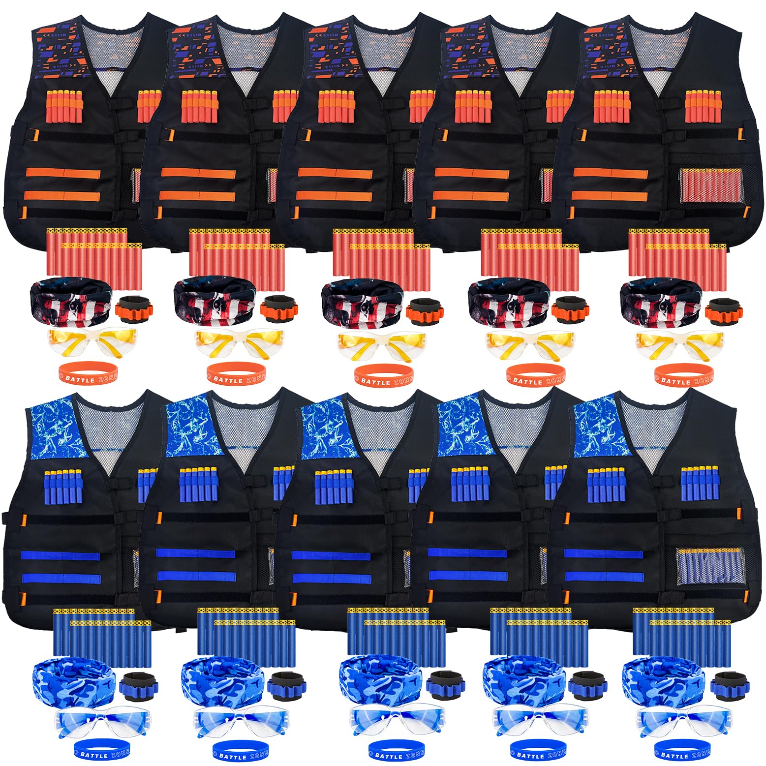Photo 1 of 10 Sets Tactical Vest Kit for Nerf Party Supplies Favor, 200 Foam Darts, 10 Protective Goggles & Masks, Wristbands – for Boys Birthday Parties Gifts, Blue and Orange Teams