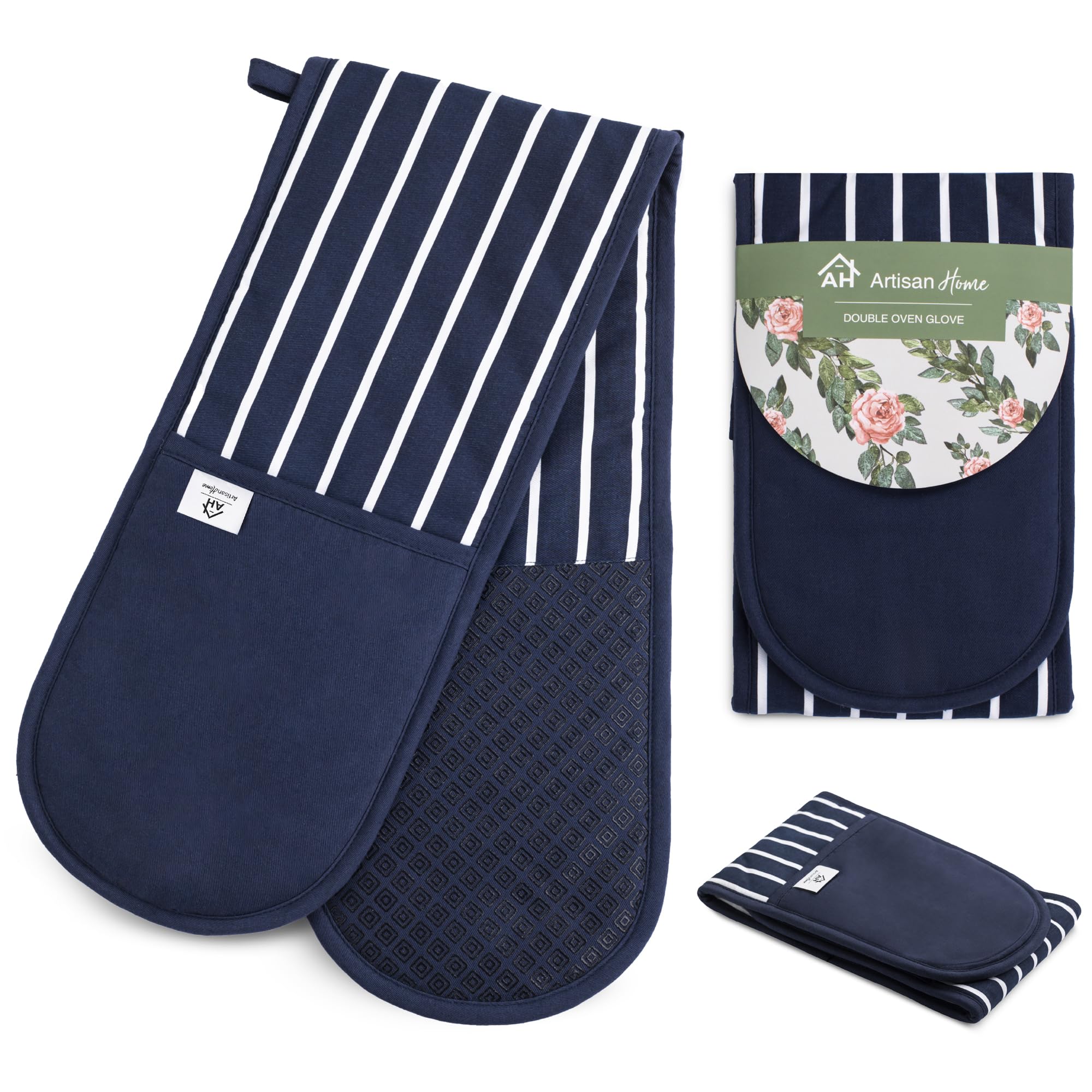 Blue Butcher Stripe Double Oven Gloves Heat Resistant Silicone Oven Mitts Pair | Non-Slip Silicone Oven Gloves Double Oven Mitt | Machine Washable Thick Potholders Home & Kitchen Accessories.