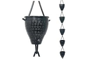 Rain Chains by JASINC 8.5 ft Tinkle Trickle Cups Black Powder Coated, to Replace Roof Gutter Downspout, with Installation Kit, Rainwater Catcher/Water Diverter, JAS3007BLK