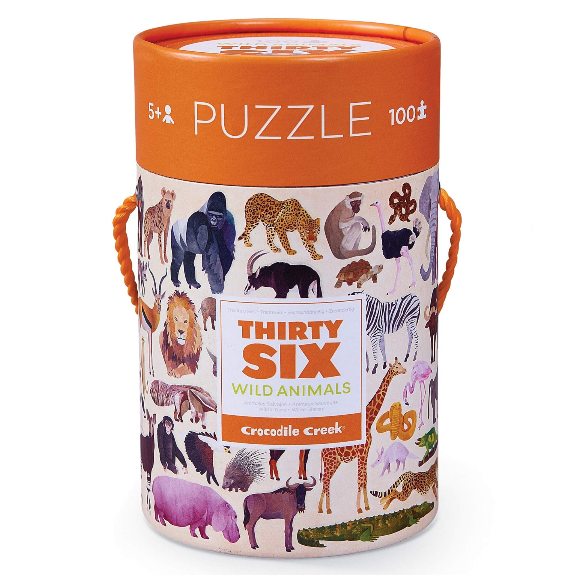Crocodile Creek 100-Piece Jigsaw Puzzle for Kids Ages 5 and Up - Fun and Educational Table or Floor Puzzles - Storage Canister with Handle - Wild Animals - 14” x 19” Finished