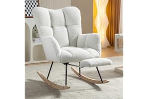 Wrofly Rocking Chair with Foot Rest, Comfy Teddy Upholstered Nursery Glider Chair with High Back Side Pocket, Accent Rocker Arm Chair Sherpa Lounge Chair for Living Room Bedroom (Ivory)