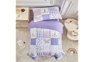 Joyreap 4 Piece Toddler Bedding Set- Purple Butterflies Flowers Patchwork Toddler Comforter Set, Includes Quilted Comforter, Fitted Sheet, Top Sheet, and Pillow Case