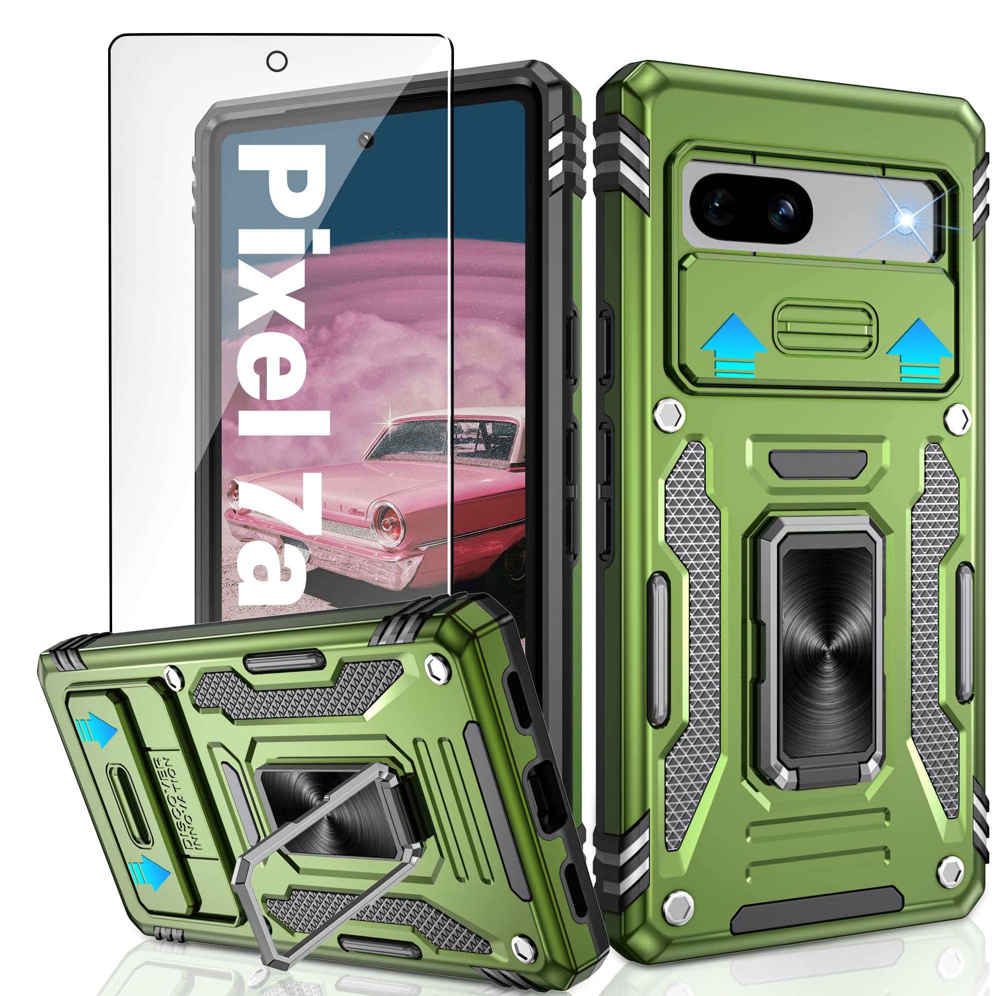 Jshru for Google Pixel 7A Case with [Upgraded] Slide Camera Cover,Military Grade Shockproof Pixel 7A Case with Ring Kickstand, Anti-Scratch Armour Phone Cover for Google Pixel 7A,Green — image 1