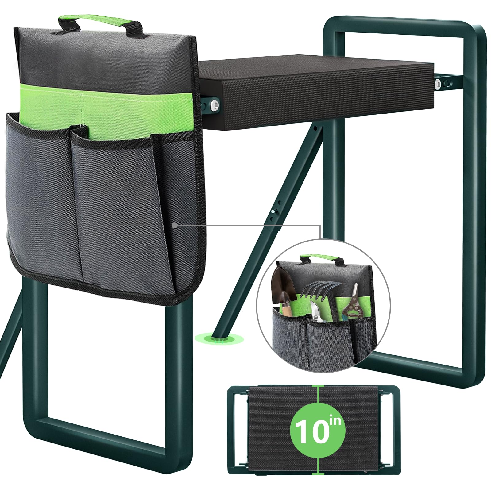 Photo 1 of Onadak Heavy Duty Garden Kneeler and Seat for Elderly, 400lbs Capacity Foldable Gardening Stool with Support Legs & Thick Pad, Includes Large Tool Organizer Bag, Green