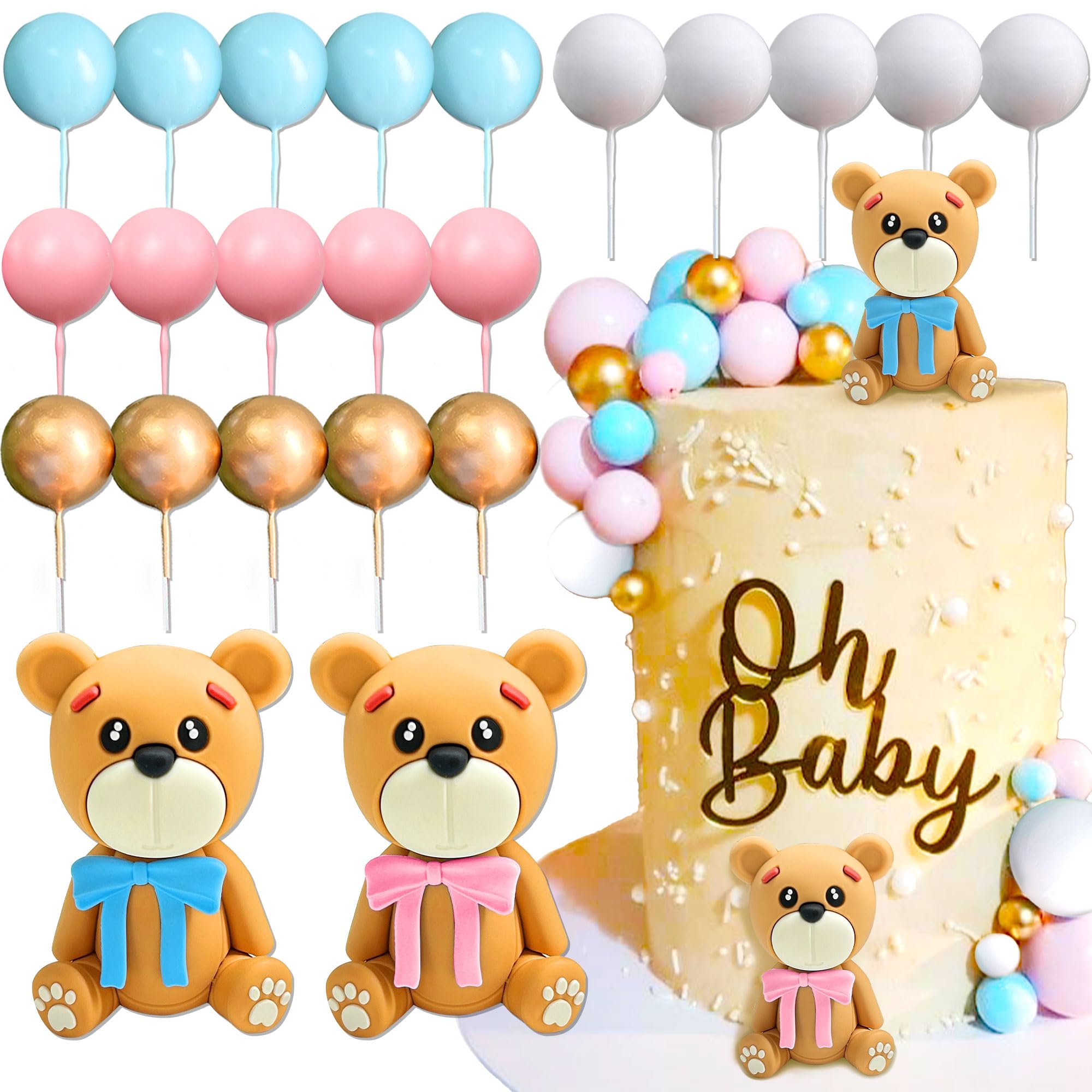 JeVenis Pink Blue Gender Reveal Cake Toppers Boy or Girl Cake Decorations Teddy Bear Cake Decoration Baby Shower Cake Decoration