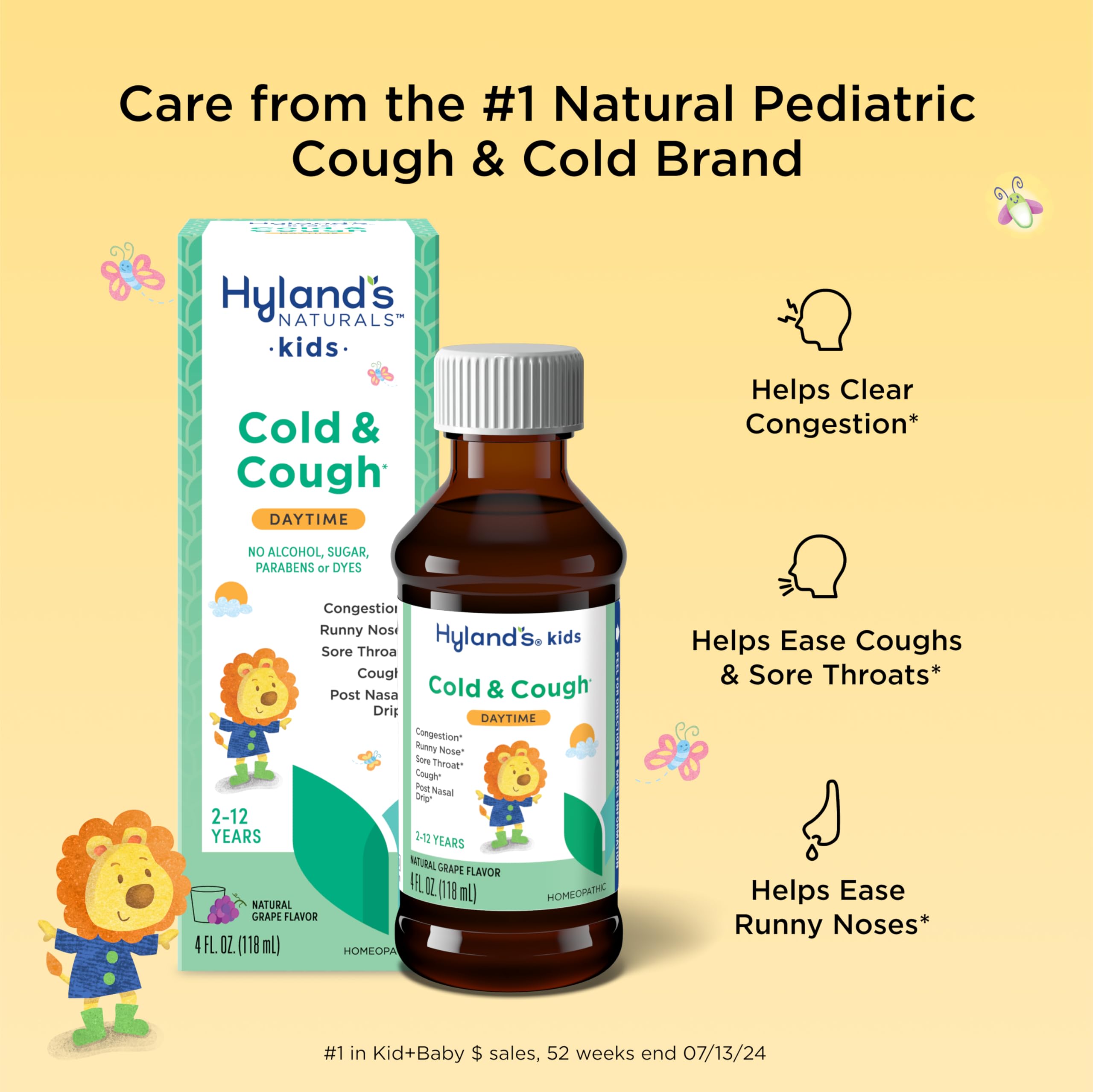 Hyland's Kids Cold and Cough, Daytime Grape Flavor Cough Syrup Medicine for Kids Ages 2 and up, Decongestant, Sore Throat Relief, Natural Treatment for Common Cold Symptoms, 4 Fl Oz