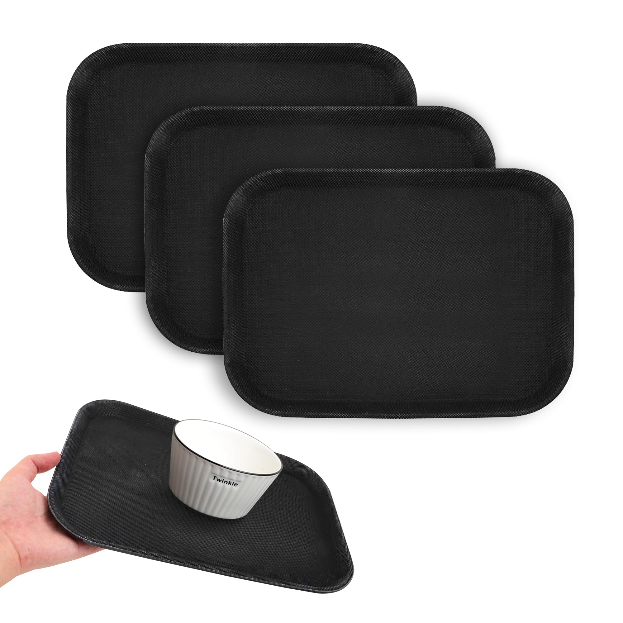 YKUKIZEE 3 Pack Rectangular Bar Tray 14 inch, Rubber Non Slip Rectangular Serving Tray, 35 cm Black Restaurant Serving Tray for Cafeteria Hotel Coffee Home Kitchen
