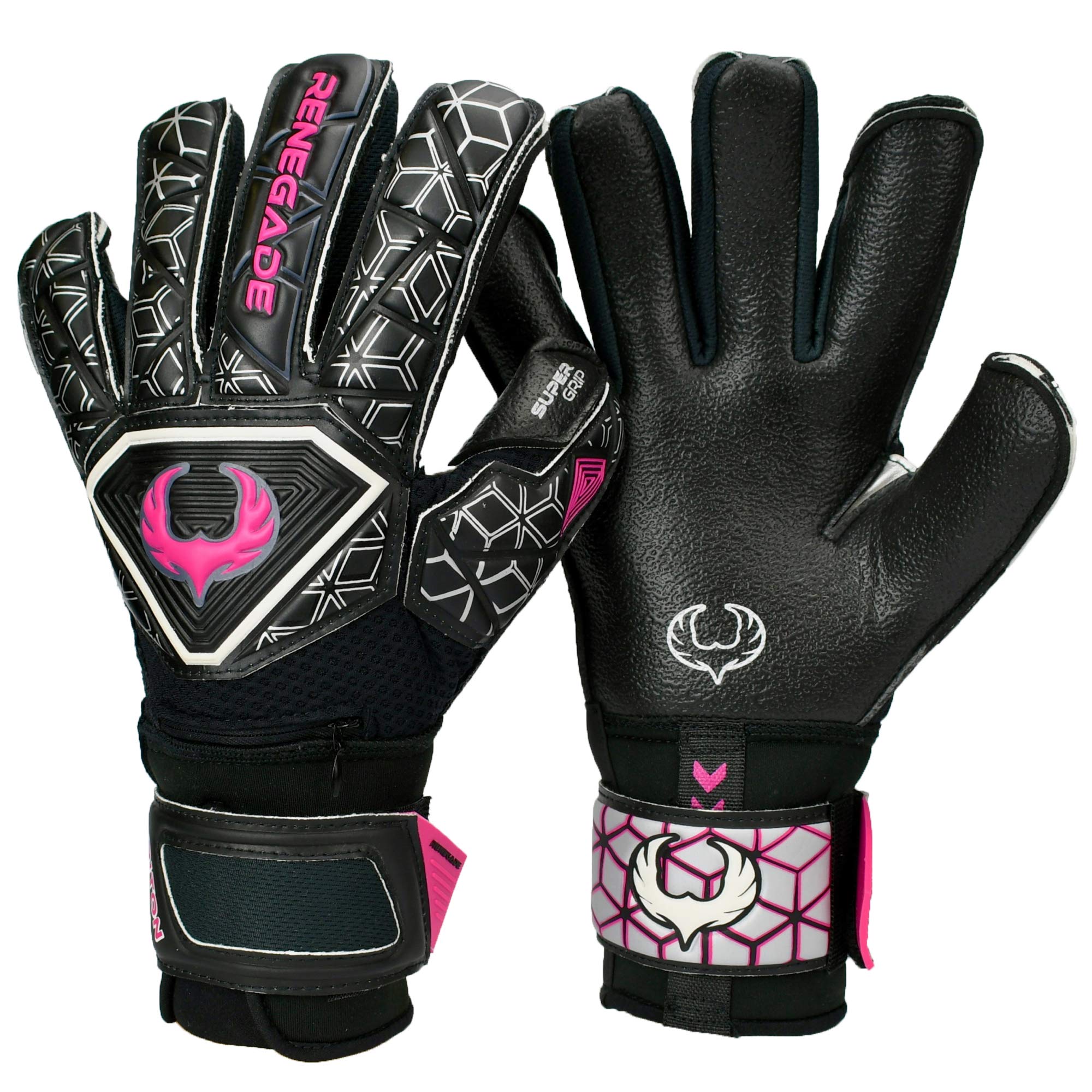 Renegade GK Triton Frenzy Goalie Gloves with Pro Fingersaves | 3.5+3mm Super Grip & 4mm Duratek | Black & Pink Football Goalkeeper Gloves (Size 5, Kids, Boys, Girls, Roll-Neg. Hybrid Cut, Level 2)