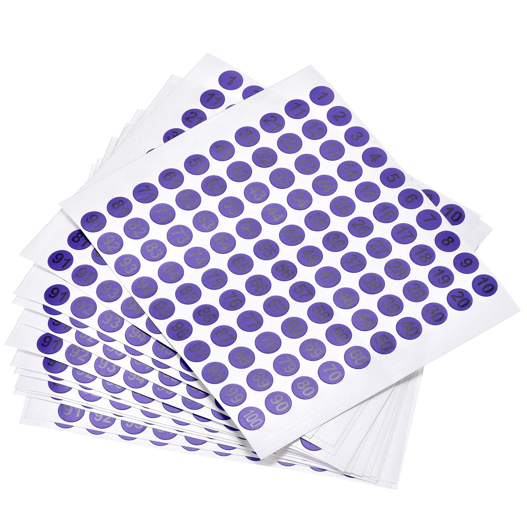 sourcing map Round Number Stickers, 10mm Dia Number 1-100 Coated Paper Label 15 Sheets, Black Word/Purple Background