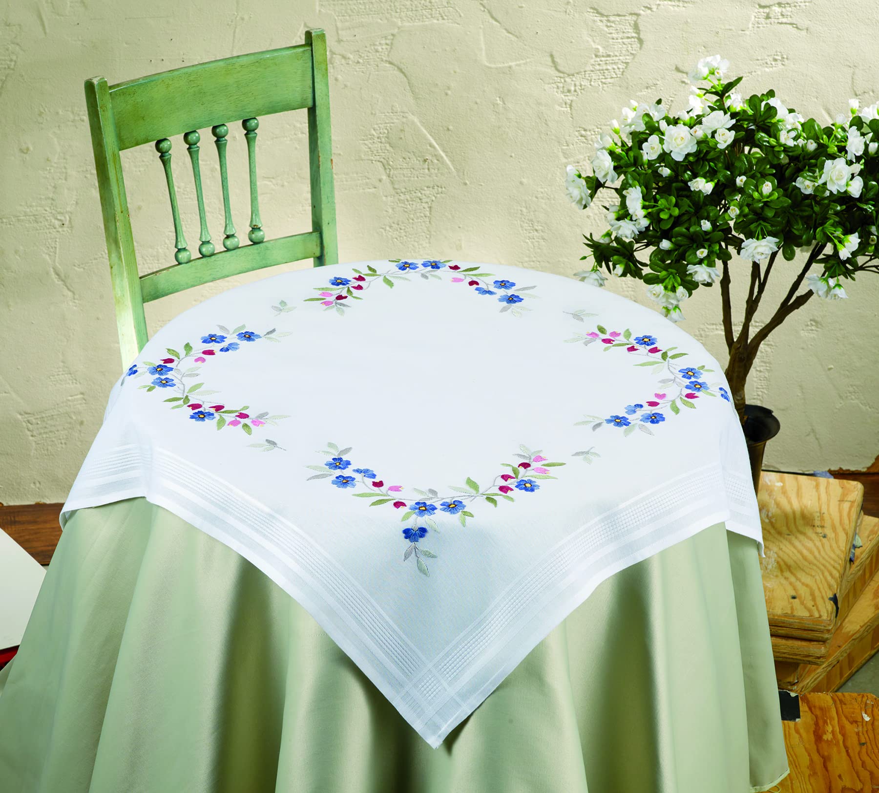DECO-LINE Blue Pansy Printed Tablecloth Embroidery KIT, White, 80 X 80 cm