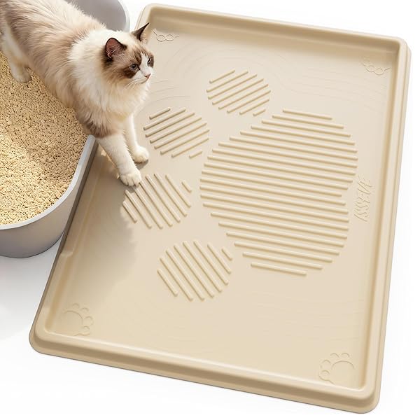 ISSEVE CAT LITTER MAT 40″ X 28″ XL, EXTRA LARGE SILICONE MAT FOR LITTER BOX, 1.38″ RAISED EDGE URINE WATERPROOF LITTER TRAPPING MAT PAD FOR SCATTER CONTROL, SOFT ON KITTY PAWS, PROTECT FLOOR (BEIGE)