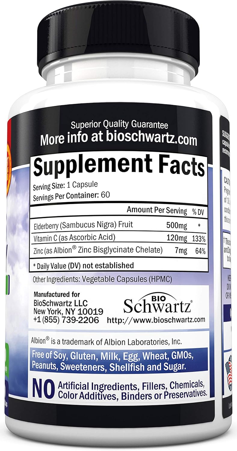 Sambucus Elderberry Capsules with Zinc & Vitamin C (2 Month Supply) - Dr. Approved Women & Men's Daily Herbal Supplement for Immune Support, Skin Health - Powerful Antioxidant - Natural Elderberries: Health & Personal Care
