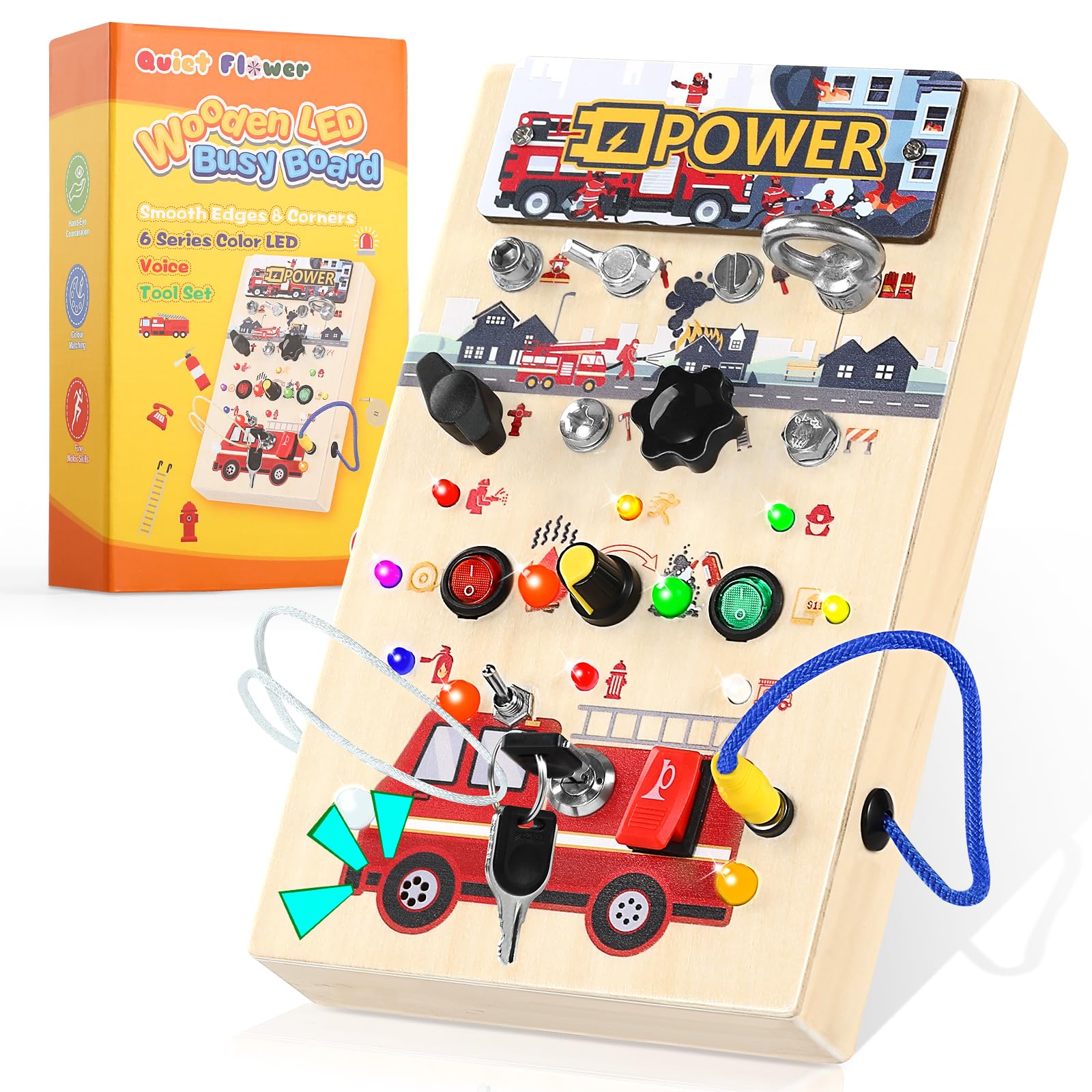 Photo 1 of Quiet Flower 2 in 1 Montessori Wooden Toddler Busy Board with 8 LED Light Sounds Switches, Screwdriver Busy Board for Toddlers 3-6, Montessori Sensory Learning Toy for 3 4 5 Year Old Boy Gift
