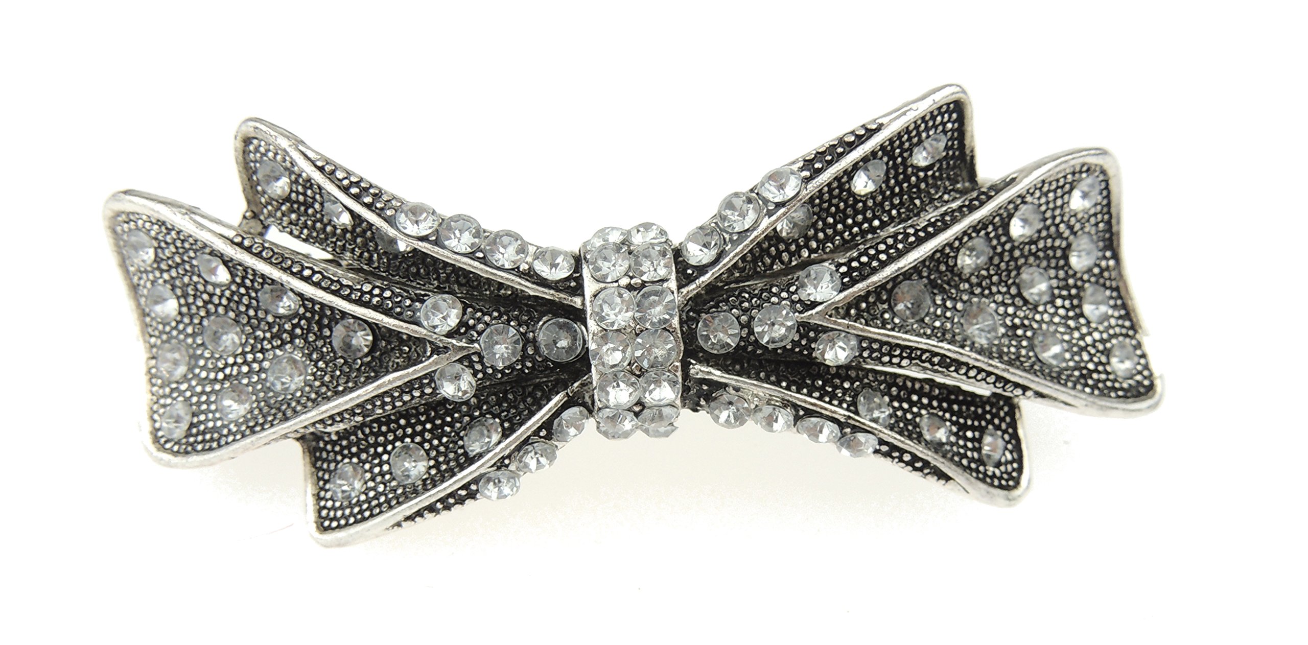 Womens Girls Vintage Look Crystal Rhinestone Wedding Birthday Party Evening Ponytail Fine Medium Hair Accessories Occasion Barrette Hairpin Silver Tone Metal French Spring Clip Bow (Silver Tone)