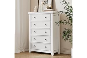 BOSHIRO White Dresser, 5 Chest of Drawer Dresser for Bedroom, Modern Tall Nightstand with Deep Drawers, Wood Organizer Drawer Cabinet for Nursery, Living Room, Kids Room