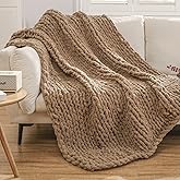 WESHIONGOO Chunky Knit Blanket Throw 51"×63" Knitted Throw Blankets for Couch Bed Fluffy Soft Blanket with Jumbo Chenille Yarn Thick 100% Handmade (Brown)
