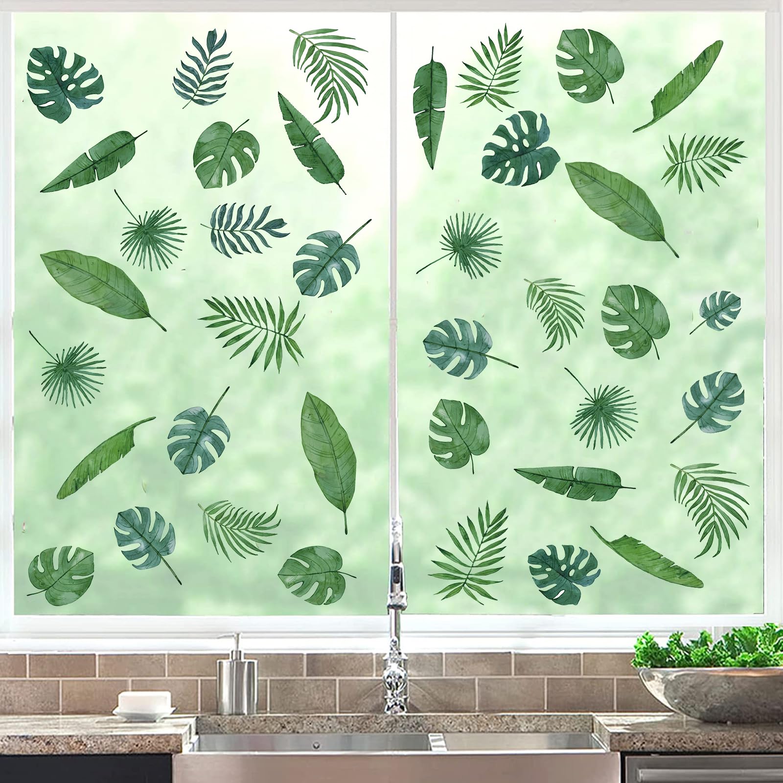 TOARTi Leaf Wall Stickers,Palm Jungle Leaf Window Stickers,Green Plant Watercolour Tropical Wall Stickers, Monstera Leaves Wall Decal for Living Room Bedrooms Bathroom Kitchen Nursery