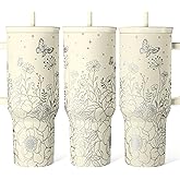SANDJEST Floral Tumbler with Handle 40oz, Stainless Steel Insulated Tumblers Coffee Travel Mug Cup with Straw, Flower Coffee Cup Gifts for Women Girls, Gift for Her on Christmas Birthday Mothers Day