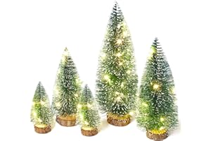 TIME APPIS Mini Christmas Tree with Lights, Small Table Top Decorations, Desktop Miniature Pine Tree Xmas Holiday Decor Indoor Home, Bottle Brush Trees with Wooden Base, 5 Pcs with Light