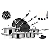 Ammeloo Pots and Pans Set Non Stick, Stainless Steel Kitchen Cookware Sets | 21-Piece Hybrid Tri-Ply, PFAS-Free, Induction &amp; All Stovetops Ready, Stay-Cool Handles, Dishwasher Safe Oven Safe, Easy-Clean