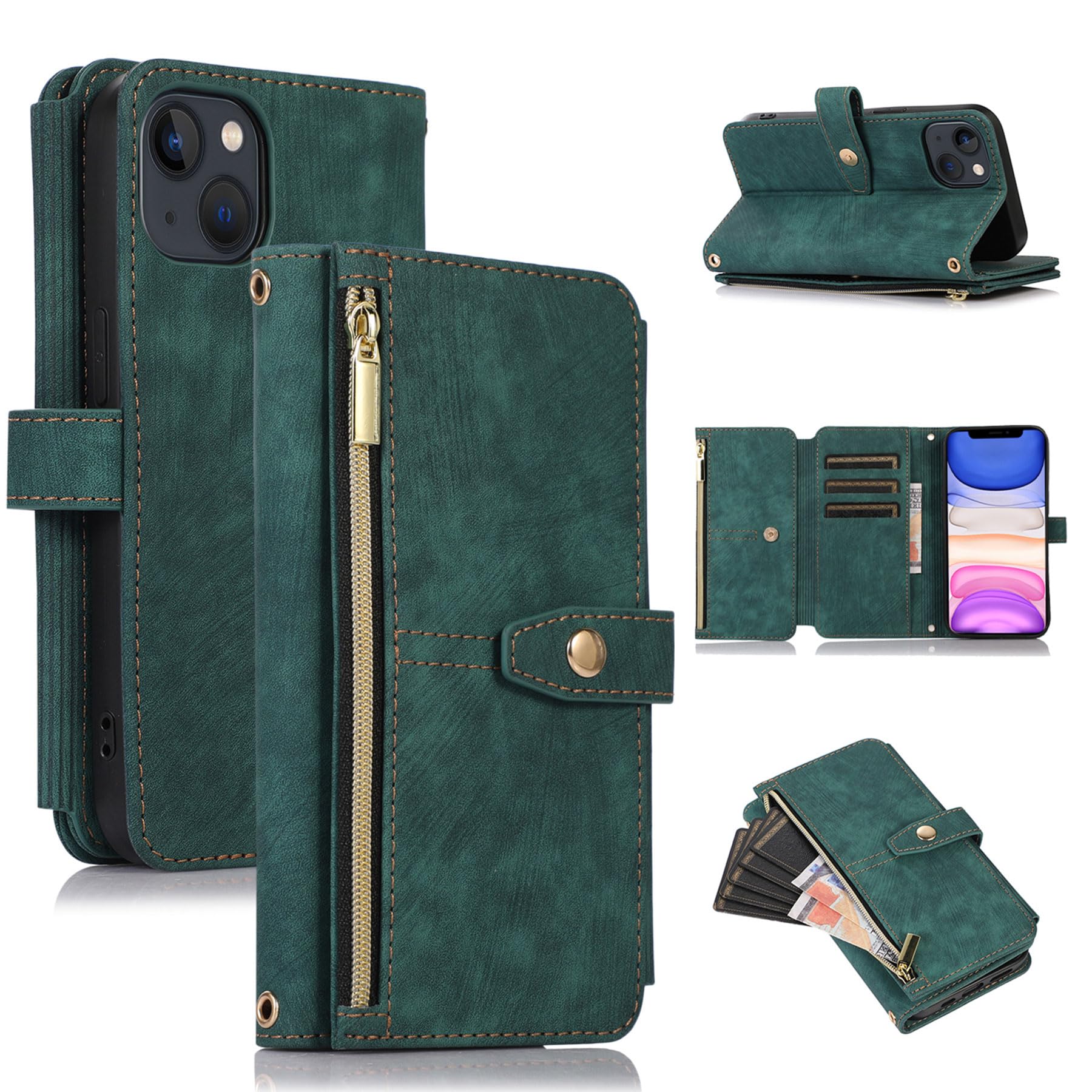 ZCDAYE Wallet Case for iPhone 11, Premium Leather Phone Case Women Ladies Holster with Card Slots Wrist Strap Zipper Flip Phone Cover for iPhone 11 (6.1 inches), Green — image 1