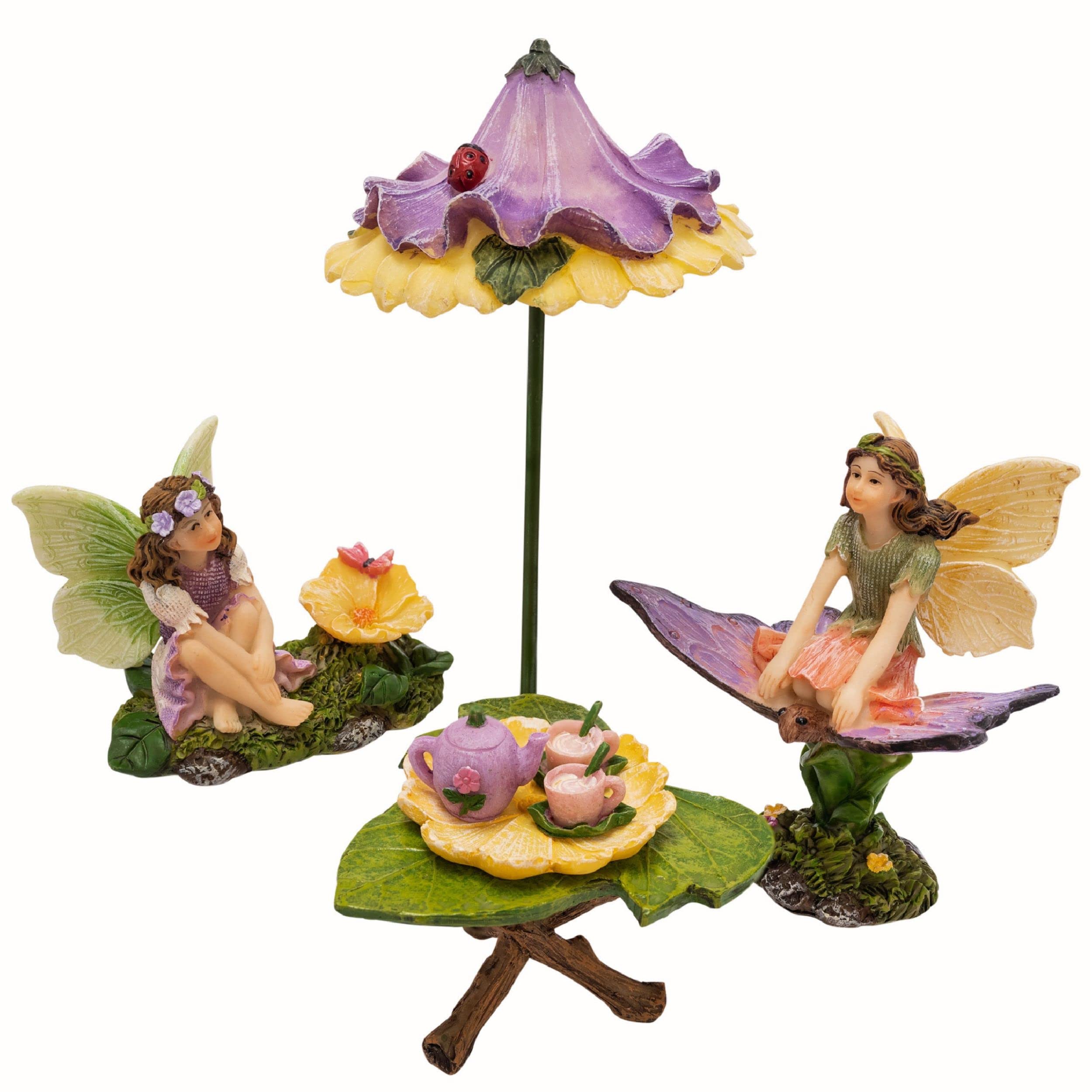 PRETMANNS Fairies for Fairy Garden with Accessories Kit for an Outdoor Miniature Garden – Cute Figurines with Colorful Furniture & Tea Set – 7 Pieces