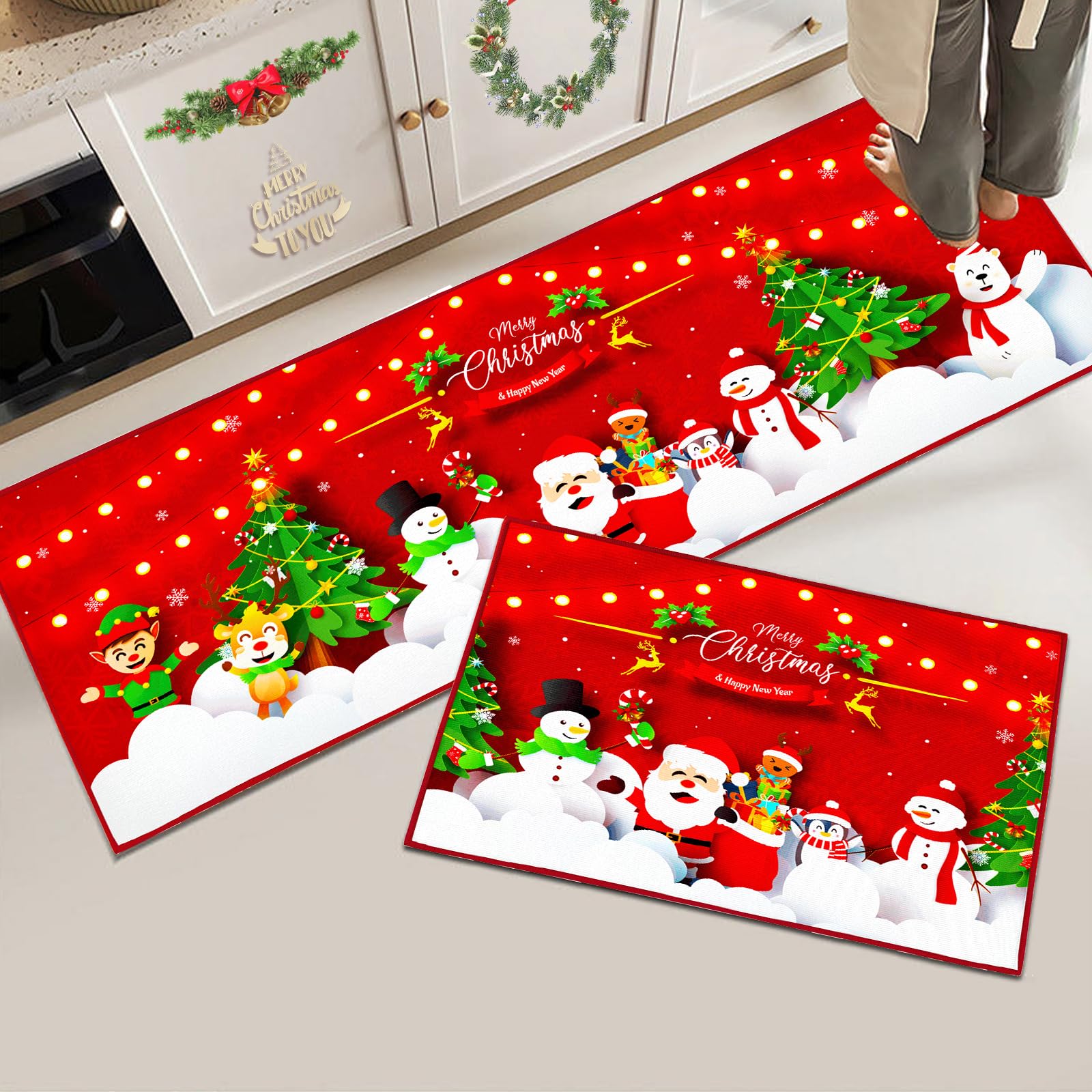 Hoimlm Christmas Kitchen Rugs Set of 2, Non-Slip Kitchen Mats Doormat, Absorb Water and Oil, Santa Claus snowman Kitchen Runner set, Christmas for Gifts (43 x 150 cm + 43 x 75 cm, Christmas Red A)