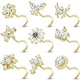 Ubjuliwa Gold Nose Rings Studs for Women 20G Surgical Steel Nose Ring L Shaped Corkscrew Nose Piercing Jewelry Hypoallergenic CZ Butterfly Cross Nose Studs Nostril Piercing Jewelry