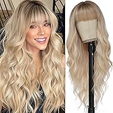 MINSEEYOO Blonde Wig with Bangs for Women Long Blonde Wavy Wigs 26 Inch Blonde Wigs Natural Looking Heat Resistant Synthetic Wig for Daily Party Use
