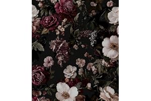 Laatse Black Floral Wallpaper Peel and Stick, Vintage Dark Red Contact Paper 17.5" x 118", Thick Flower Wall Paper Self Adhes