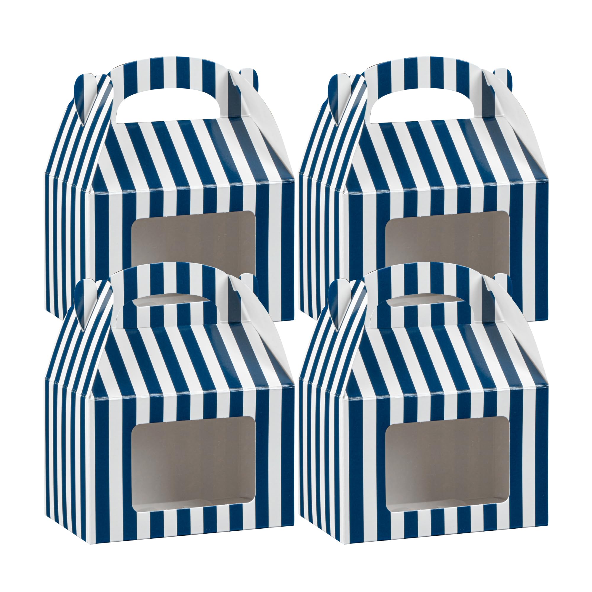 Photo 1 of Restaurantware Bio Tek 4 x 2.5 x 2.5 Inch Gable Boxes For Party Favor, 25 Striped Gift Boxes - Clear Window, Built-In Handle, Blue And White Paper Barn Boxes, Disposable, For Parties