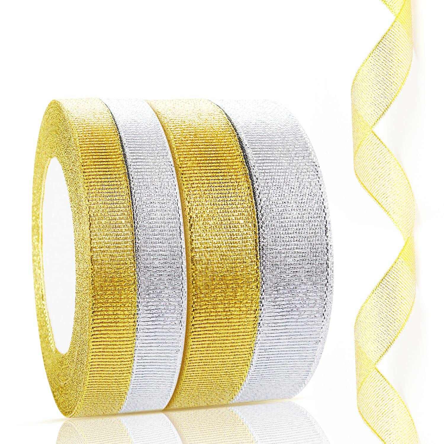 ZWZNBL 4 Pack 20mm&10mm Gift Wrap Ribbon 88m Gold Silver Glitter Organza Ribbon for Christmas Tree Wrapping Gift Craft - 4 x 22m