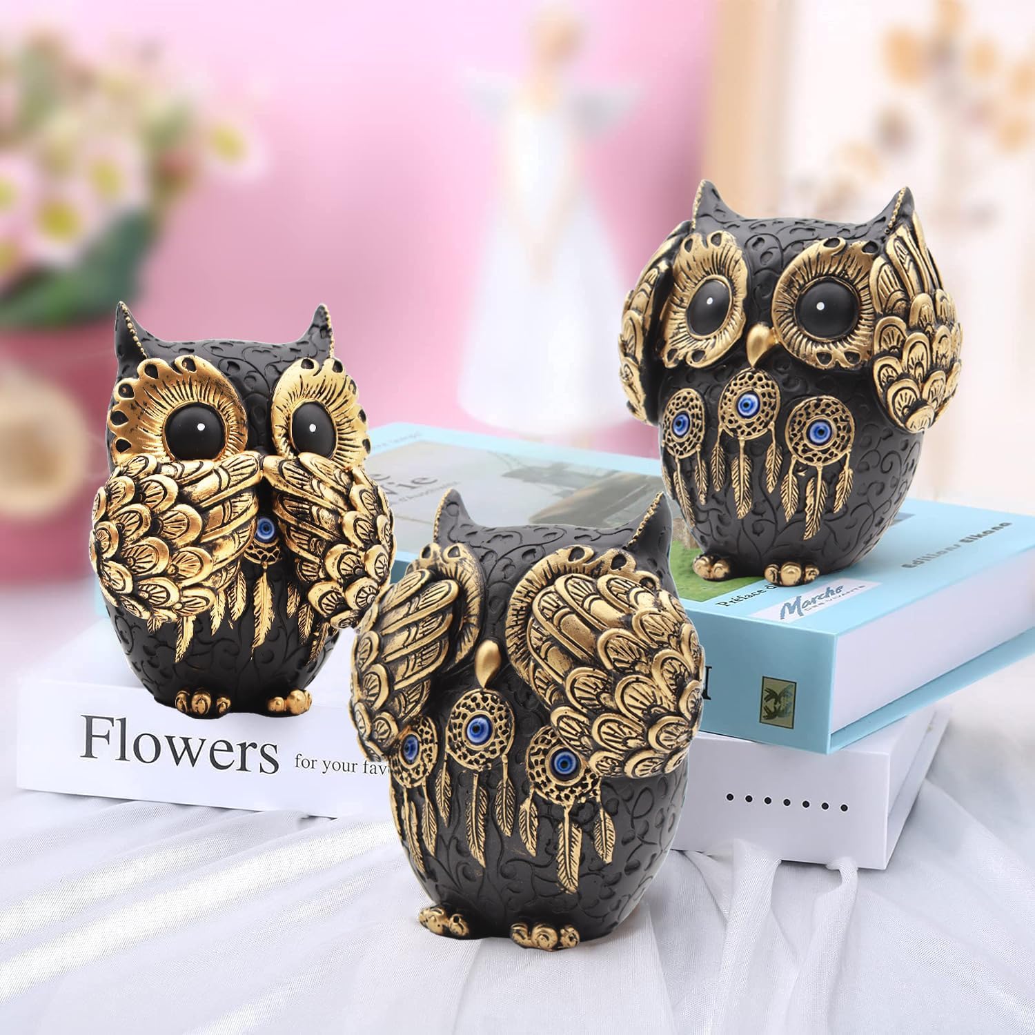 Irayin 3 Owl Figurines Decor, Owl Statue Figurine, See No Hear No Speak No Evil Ornaments, Crafted Animal Sculpture, Cute Owls Decoration for Living Room, Office, Bookshelf, Bedroom - Black