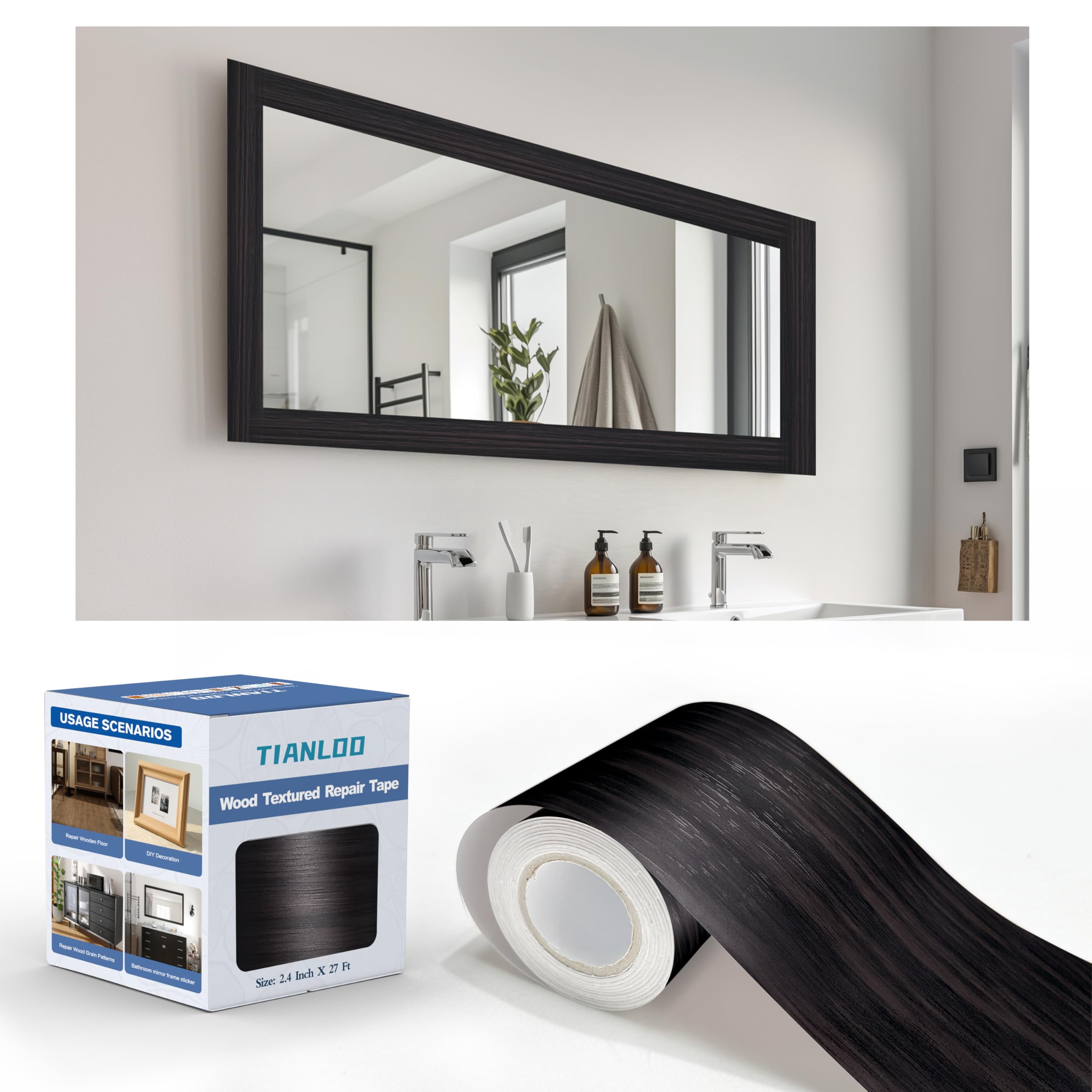 Photo 1 of TIANLDD 27 FT Wood Grain Wallpaper Border, Removable Waterproof Mirror Border Peel and Stick,Bathroom Mirror Frame Border.(Dark Brown Oak)