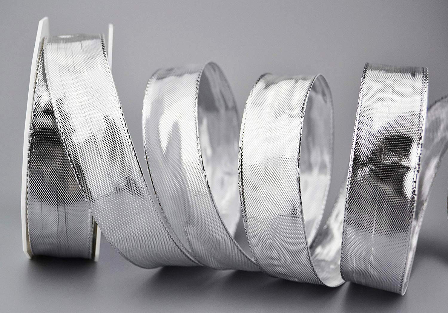finemark 20 m x 25 mm Decorative Ribbon Glossy Silver Metallic Ribbon with Wire Shiny Gift Ribbon Christmas Wire Edge Ribbon — image 1