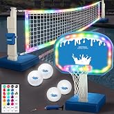 OHYEMO 2-in-1 LED Pool Volleyball &amp; Basketball Game Set, Light Up Pool Sport Combo Set with 14in LED Rim/4 Glow Pool Balls/2 Base/Pump, Inground Swimming Pool Toy Game for Adults &amp; Family